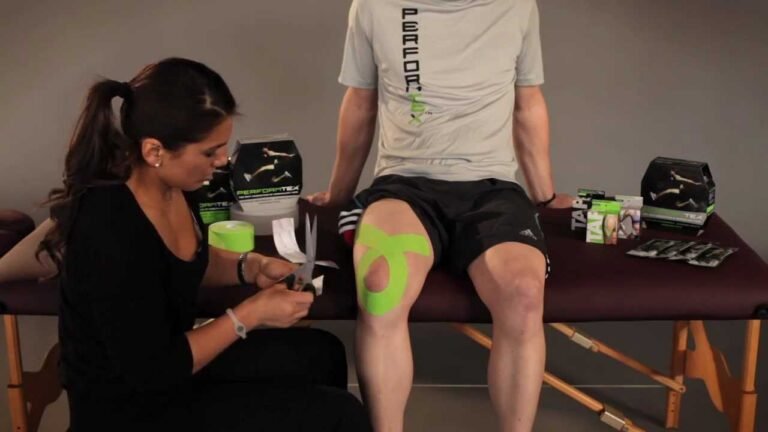 KT tape applied on knee joint for flexibility and support