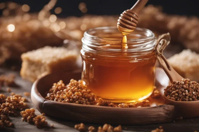 Buckwheat honey in a glass jar with buckwheat flowers