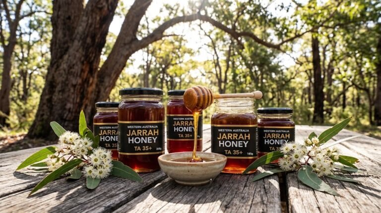 Jarrah honey in a glass jar with eucalyptus flowers for natural throat relief