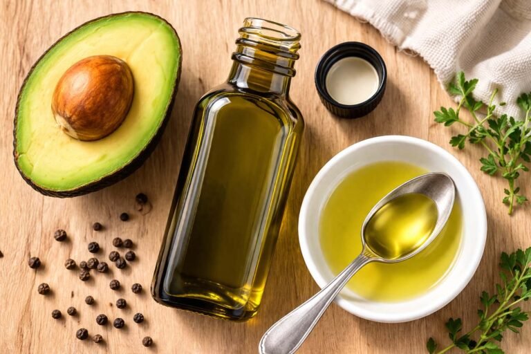 Avocado Oil For Weight Loss: 7 Simple Ways to Use It Avocado oil in a glass bottle with fresh avocados for healthy cooking and weight management.